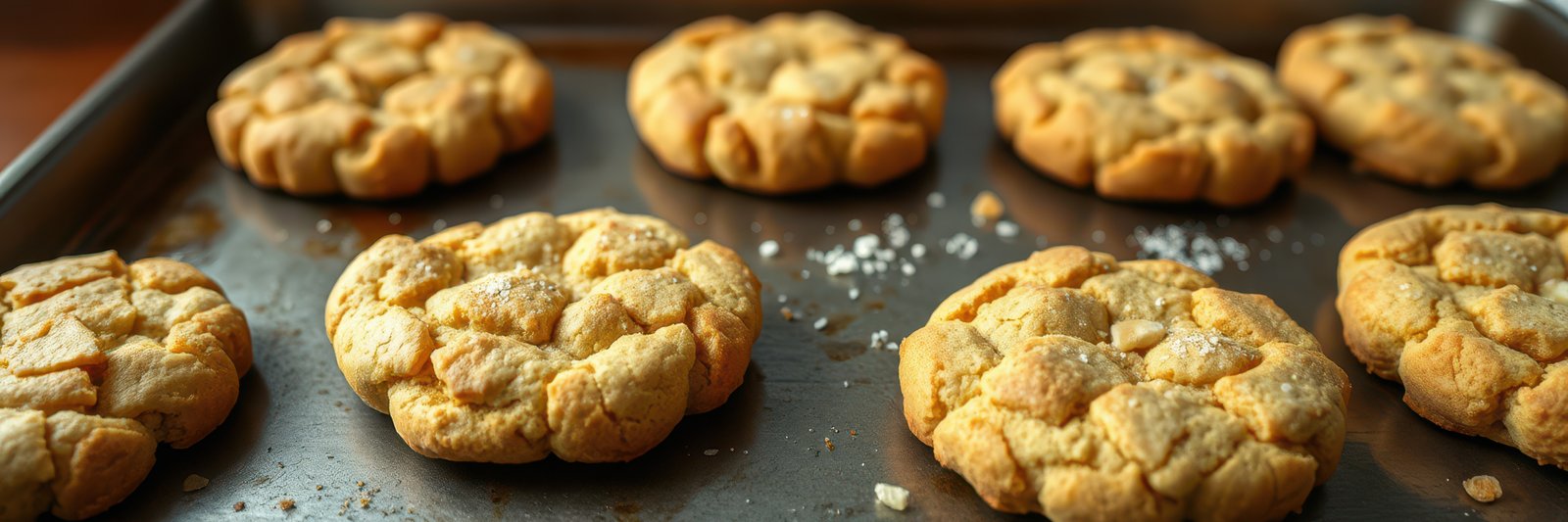 Freshly baked cookies cooling on a tray in a cozy kitchen setting during golden hour
